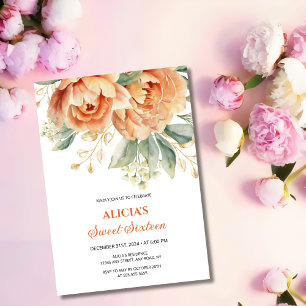 Invitation Orange Peony Gold Leaf Green 16e anniversaire