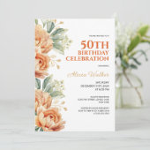 Invitation Orange Peony Gold Leaf Rustique Floral Anniversair (Debout devant)