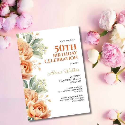Invitation Orange Peony Gold Leaf Rustique Floral Anniversair