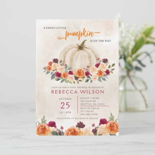 Invitation Orange Petit Citrouille Baby shower neutre pour le (Debout devant)