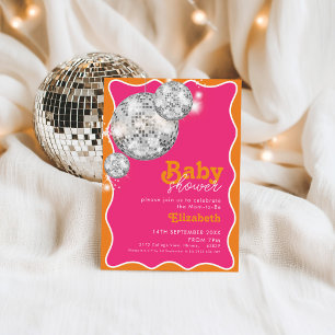 Invitation Orange Pink Disco Ball Baby shower