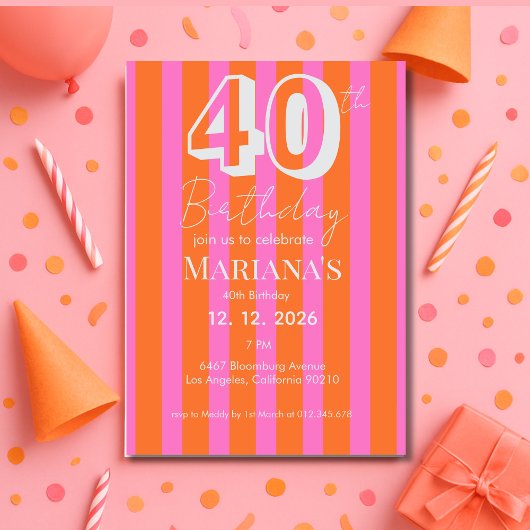 Invitation  Orange Pink Stripes Modern Scripted Birthday 