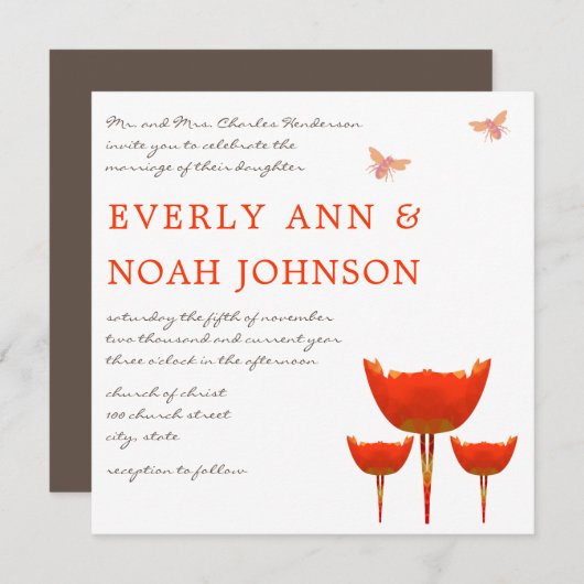 Invitation Orange Poppy & Bumble Bee Mariage (Devant / Derrière)