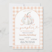 Invitation Orange Preppy En vichy Citrouille 1er anniversaire (Devant)