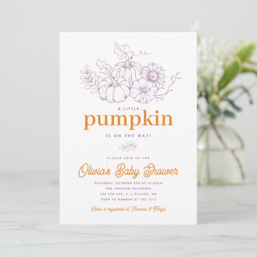 Invitation Orange Purple Burlap Petit Baby shower Citrouille (Debout devant)