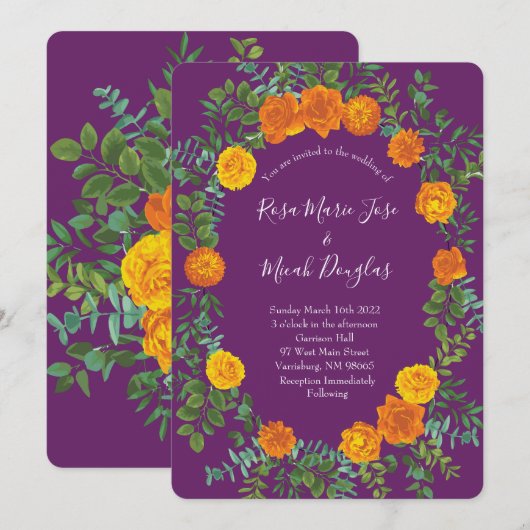 Invitation Orange Purple Plum Peony Rose Floral Mariage (Devant / Derrière)