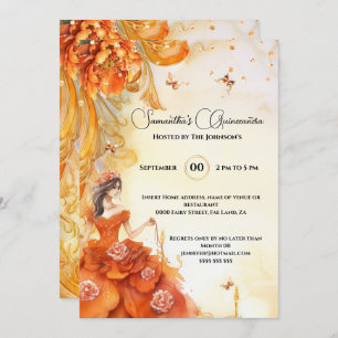 Invitation Orange Quinceañera peony fleurs de lune élégante