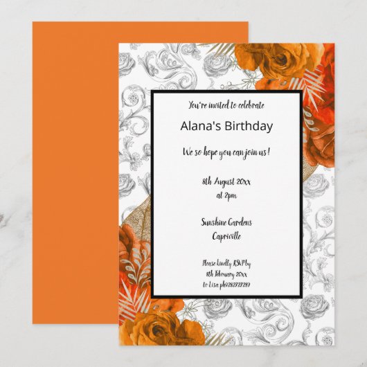 Invitation Orange Red Border Floral Elégant anniversaire (Devant / Derrière)