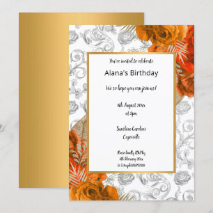 Invitation Orange Red Gold Floral Elégant anniversaire Invita