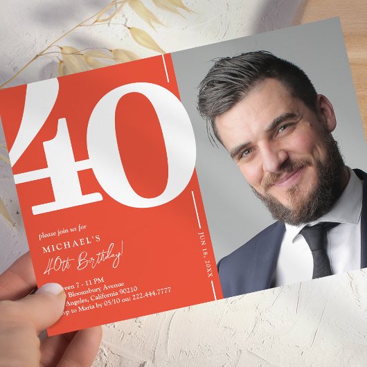 Invitation Orange Red Photo 40th Birthday Party