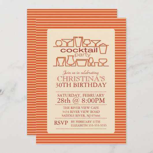 Invitation Orange Retro Cocktail Anniversaire (Devant / Derrière)
