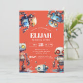 Invitation Orange Robots Tech Générateur d'engrenages Anniver (Debout devant)