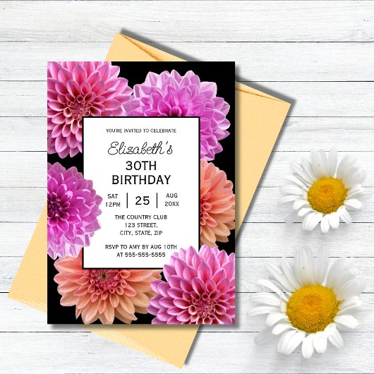 Invitation Orange rose Dahlia Floral Noir 30e anniversaire