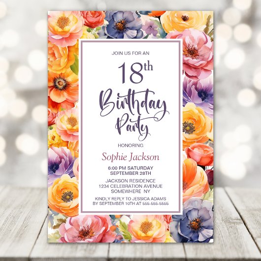Invitation Orange Rose Floral 18e fête d'anniversaire
