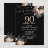 Invitation Orange Rose lampes à cordes Noir 90e anniversaire (Devant / Derrière)