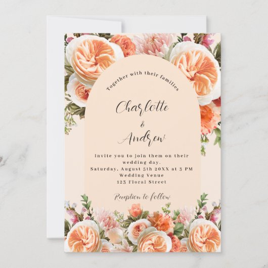 Invitation Orange rose mariage arc fleurons (Devant)