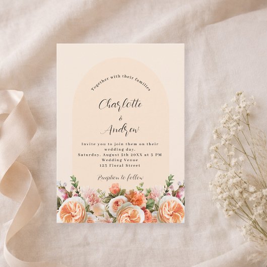 Invitation Orange rose mariage arc fleurons