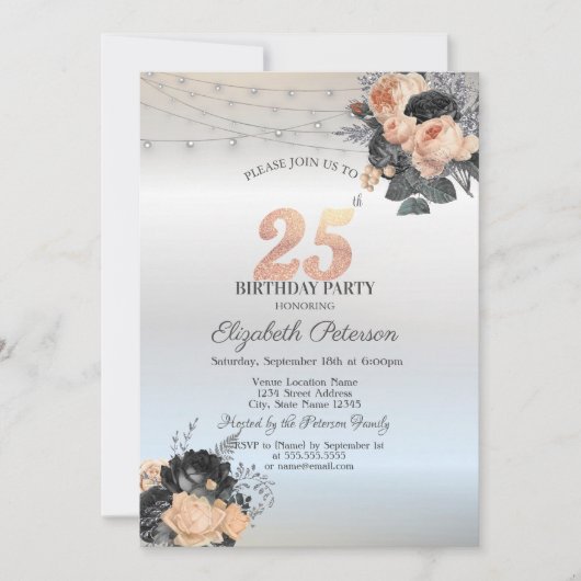 Invitation Orange Rose String Lights Argent 25e anniversaire (Devant)