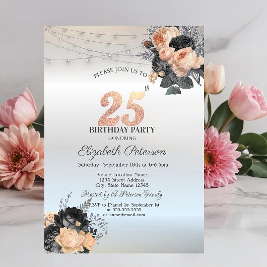 Invitation Orange Rose String Lights Argent 25e anniversaire