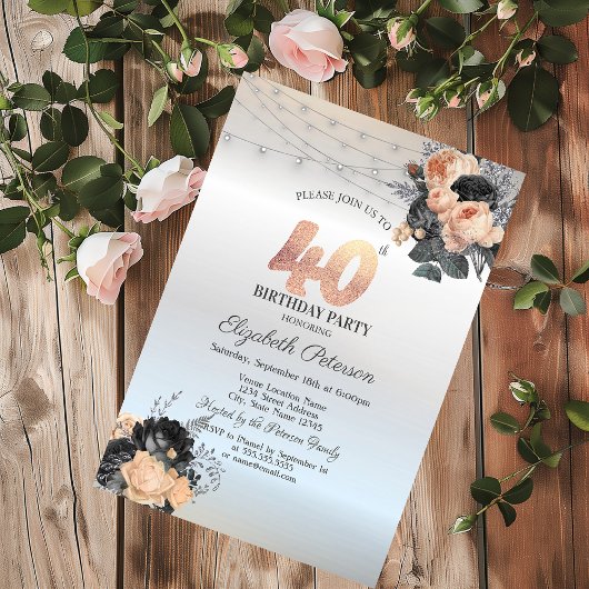 Invitation Orange Rose String Lights Argent 40e anniversaire