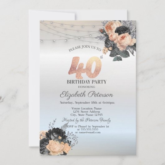 Invitation Orange Rose String Lights Argent 40e anniversaire (Devant)