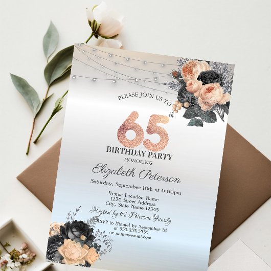 Invitation Orange Rose String Lights Argent 65e anniversaire