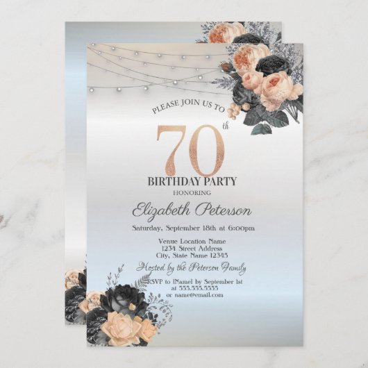 Invitation Orange Rose String Lights Argent 70e anniversaire (Devant / Derrière)