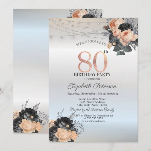 Invitation Orange Rose String Lights Argent 80e anniversaire (Devant / Derrière)