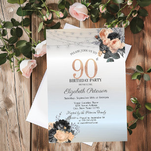 Invitation Orange Rose String Lights Argent 90e anniversaire