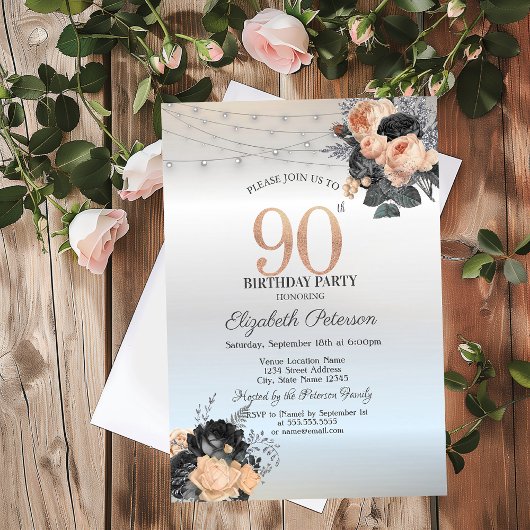 Invitation Orange Rose String Lights Argent 90e anniversaire