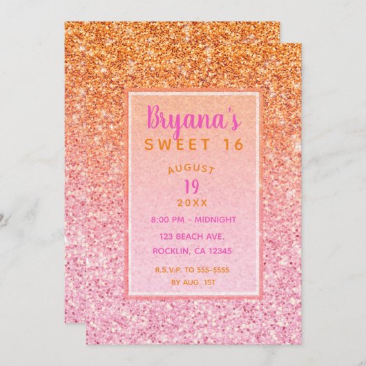 Invitation Orange Rose Sunset Parties scintillant Douce 16 An (Devant / Derrière)