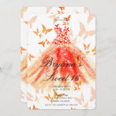 Invitation Orange Rouge Papillon Danser Robe Douce 16 Partie (Devant / Derrière)