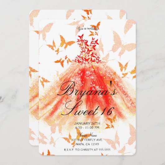 Invitation Orange Rouge Papillon Danser Robe Douce 16 Partie (Devant / Derrière)