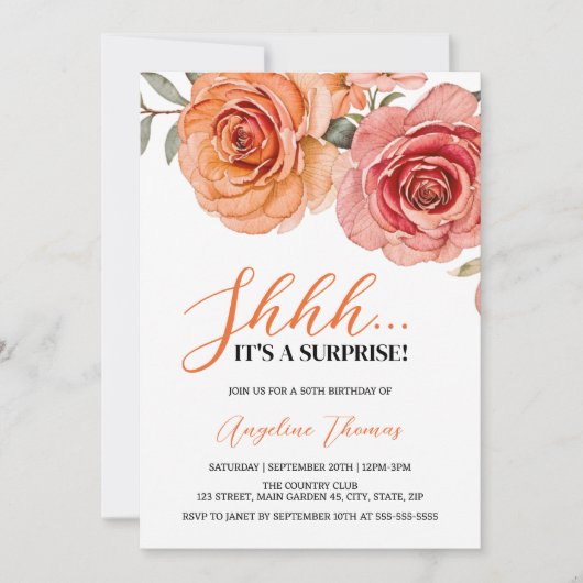 Invitation Orange rouge Rose Floral Botanique Surprise Annive (Devant)