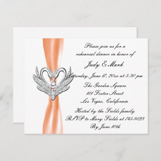 Invitation Orange Ruban Silver Swans Repétition Dîner Invitat (Devant / Derrière)
