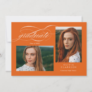 Invitation Orange Script QR Code 3 Photo Graduation Party