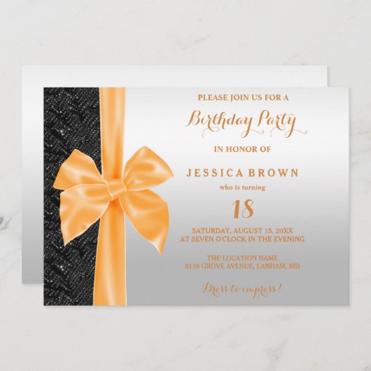 Invitation Orange Soie Bow Black Sequins 18e anniversaire (Devant / Derrière)