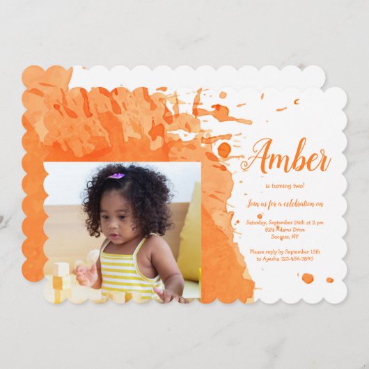 Invitation Orange Splash Photo Anniversaire (Devant / Derrière)