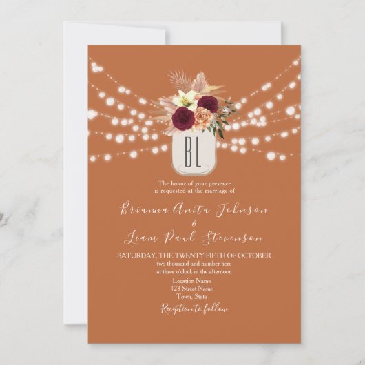 Invitation Orange String éclaire le code QR Mariage Floral (Devant)