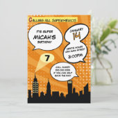 Invitation Orange Superheros Comédie Livre Styled Anniversair (Debout devant)
