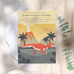Invitation Orange T-Rex & Volcano Modern Boy Anniversaire