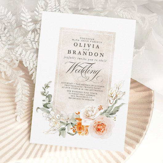 Invitation Orange Terracotta et Mariage Floral blanc Invitat