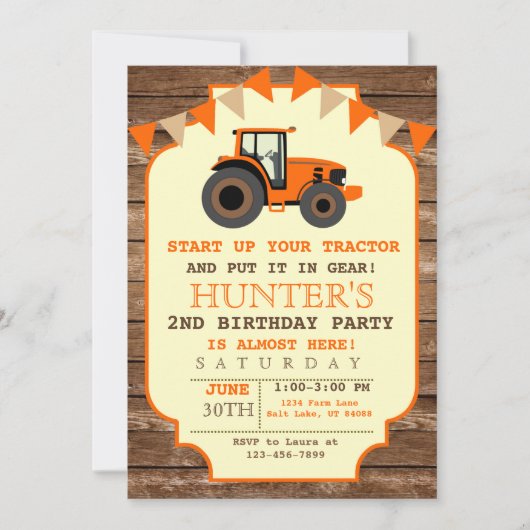 Invitation Orange Tractor Invitation, Anniversaire Agricole (Devant)
