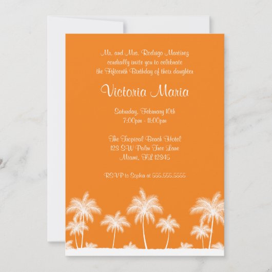 Invitation Orange Tropical Beach Palm Tree Quinceanera Party (Devant)
