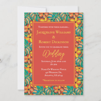 Invitation Orange tropicale et Mariage floral vert