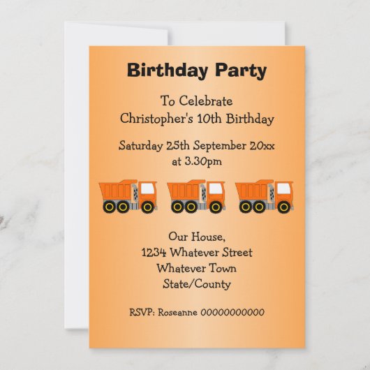 Invitation Orange Truck Design Boy's Birthday Party (Devant)