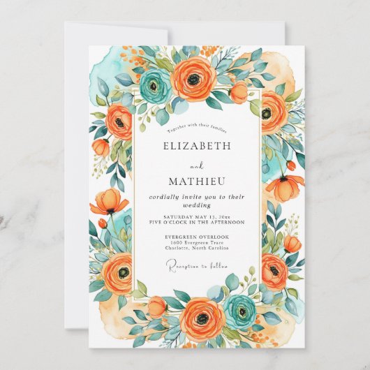 Invitation Orange Turquoise Alluring Summer Wedding (Devant)