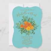 Invitation Orange & Turquoise Aqua Peony & Rose Floral Mariag (Devant)