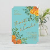 Invitation Orange & Turquoise Aqua Peony & Rose Floral Mariag (Debout devant)