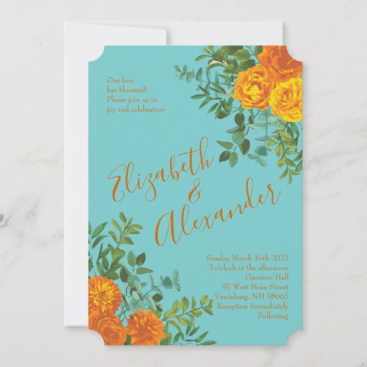 Invitation Orange & Turquoise Aqua Peony & Rose Floral Mariag (Devant)
